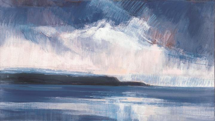 Pintura de paisaje costero con vista al mar y cañones del Castillo de Niebla en primer plano, en tonos azules y grises.