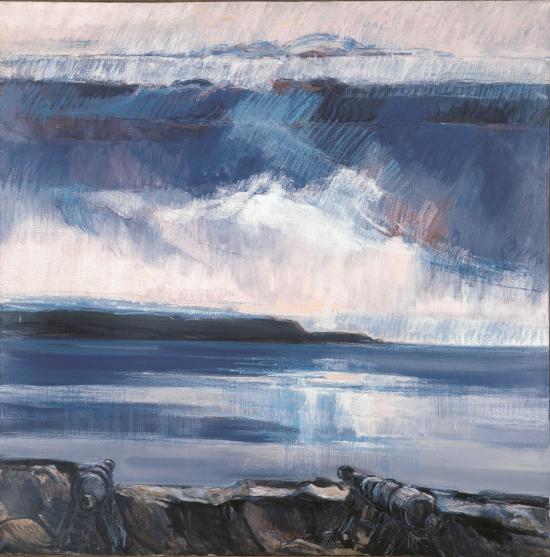 Pintura de paisaje costero con vista al mar y cañones del Castillo de Niebla en primer plano, en tonos azules y grises.