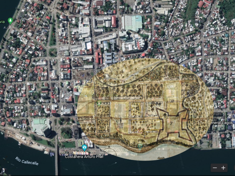 Plano holandés superpuesto a imagen actual de Valdivia