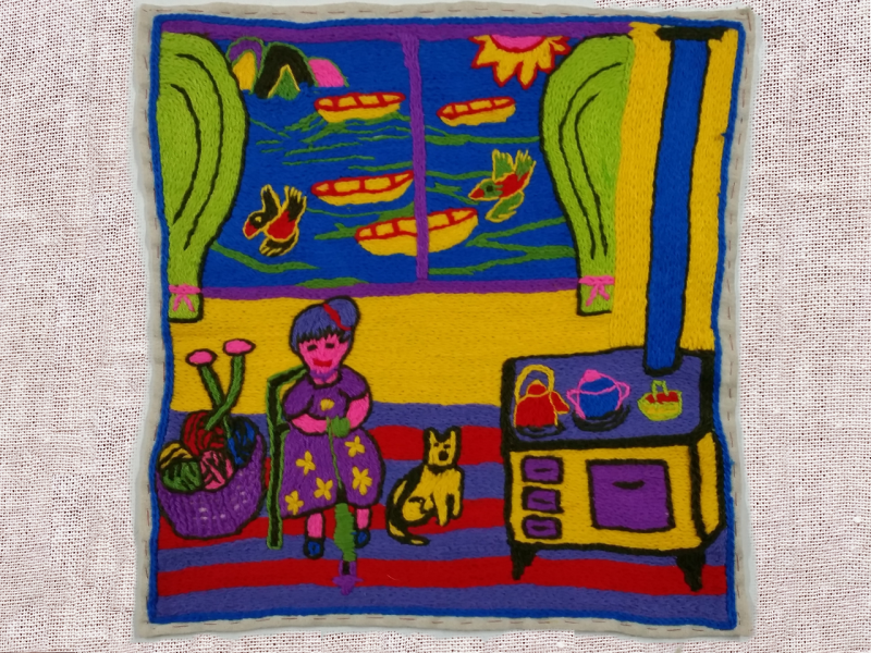 Obra textil de paisaje patrimonial bordado en lana de colores