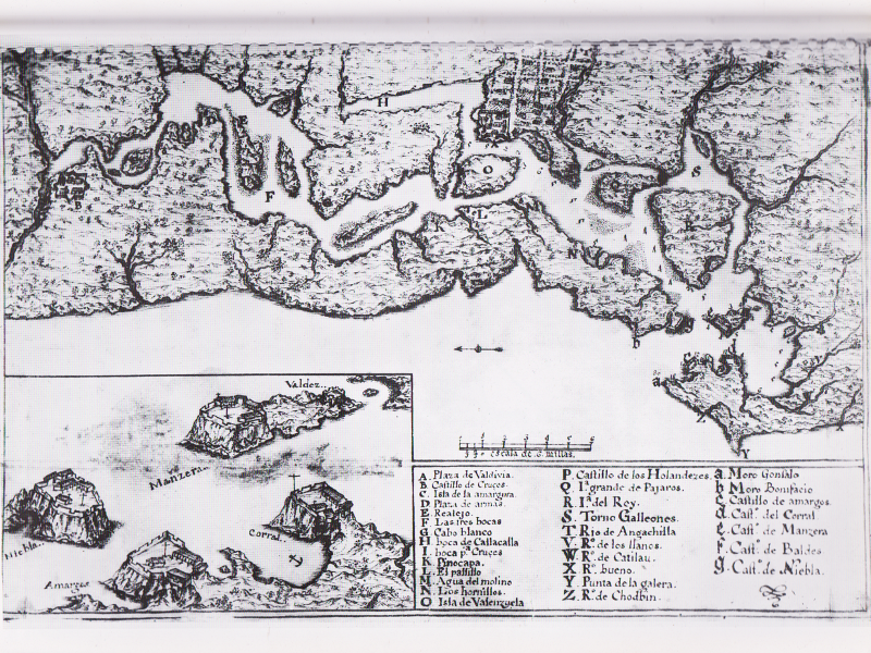 Mapa de ríos y estuario de Valdivia 1776, señala con letra N Los Hornillos y con la letra P el Castillo de los holandeses Mapa de ríos y estuario de Valdivia 1776, señala con letra N Los Hornillos y con la letra P el Castillo de los holandeses